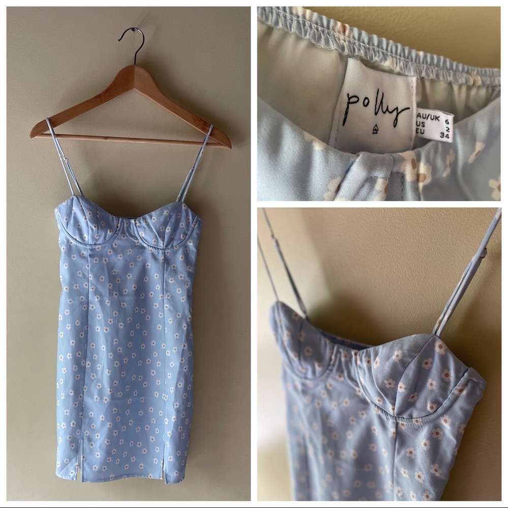 Polly Fleurette Mini Dress | Pale Blue | Size 2